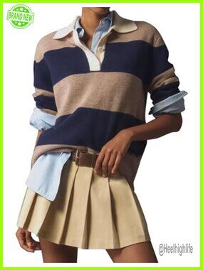 Striped Sweater Rugby Polo Collar Pullover Boxy Fit V-Neck Knit Top